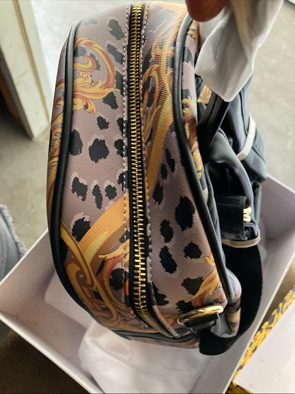 Leopard & Baroque Print Mini Backpack in Gray & Gold